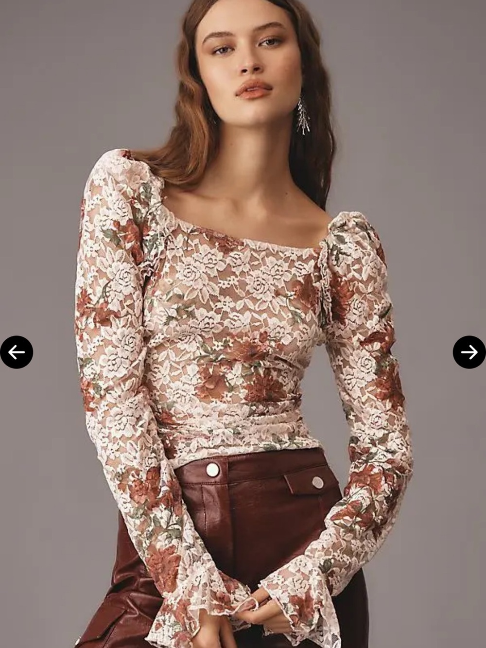 Anthropologie Floral Lace Long-Sleeve Top in Cream and Brown
